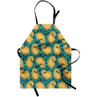 Abakuhaus Jacobeaans kookschort, Paisleymotief op botanisch patroon, in hoogte verstelbaar, wasbaar, geen kleurvervaging, heldere kleuren, donker seafoam groen en goudsbloem