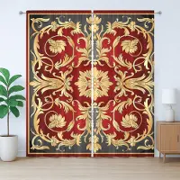 Abakuhaus Turks patroon rustiek gordijn, spiraalvormig bladmotief, Gordijn met plooien, lussen en haken, 280 x 175 cm, mosterdzwart robijnrood
