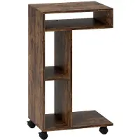 Merax C-vormige Bijzettafel op Wielen - Laptoptafel met 3 Vakken - Roltrolley - Rustiek Bruin - 40 x 30 x 69 cm