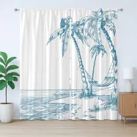 Abakuhaus Tropisch rustiek gordijn, palmbomen op het strand, slaapkamergordijn met lussen en haken, 280 x 225 cm, blauw wit
