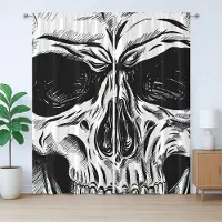 Abakuhaus Rustiek gordijn met schedelmotief, gotische schets, ondeugend gezicht, met lussen en haken voor de slaapkamer, 280 x 225 cm, zwart-wit