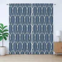 Abakuhaus Geometrisch rustiek gordijn, abstract bladmotief, met lussen en haken voor de woonkamer, 280 x 225 cm, donkerblauw crème
