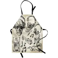 Abakuhaus muziek kookschort, vage achtergrond hippie-schedel met koptelefoon-platenspeler, microfoon- en luidsprekerprint, kleurvast, in hoogte verstelbaar, wasbaar, heldere digitale druk, beige/zwart