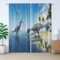 Abakuhaus Rustiek dierengordijn, Wilde Suchomimus dinosaurus, met lussen en haken voor de woonkamer, 280 x 175 cm, Groen Blauw Grijs