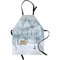 Abakuhaus Kerstkookschort, sneeuw die in het park valt op een koude winterdag, vogellantaarn-kerstseizoensafbeelding, machinewasbaar, niet vervaagt, wit en blauw