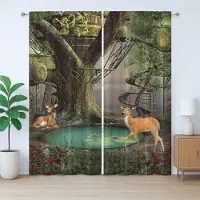 Abakuhaus Rustiek Natuurlijk Gordijn, Abstracte Herten en Boomhut, met Bandjes en Lussen voor de Woonkamer, 280 x 225 cm, Multicolor