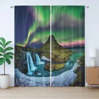 Abakuhaus Schneeberg Rustiek Gordijn, Aurora bij Kirkjufell, gordijn met geplooide band, lussen en haken, 280 x 175 cm, Groen Violet Turkoois