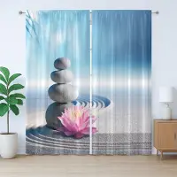 Abakuhaus Rustiek gordijn met lotusbloemmotief, meditatie en harmonie, met lussen en haken voor de slaapkamer, 280 x 225 cm, blauwgrijs roze