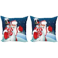 Abakuhaus Kerst Kussenhoes Set van 2 – Sneeuwman Knuffel – Dubbelzijdig bedrukt – 50x50 cm – Blauw/Wit/Rood