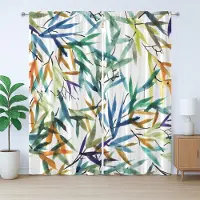 Abakuhaus Japanse rustieke gordijnen, bamboebladeren, Aziatisch, slaapkamergordijn met lussen en haken, 280 x 245 cm, blauwgroenbruin