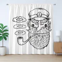 Abakuhaus Nautisch Tattoo Rustiek Gordijn, Kapitein met Baard, met Bandjes, Lusjes en Haken voor de Woonkamer, 280 x 245 cm, Houtskoolgrijs en Wit