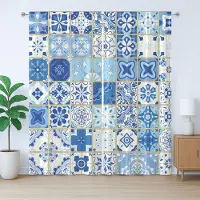 Abakuhaus Azulejos Rustiek Gordijn, Porto Keramiek Kunstmotief, met Bandjes en Lusjes voor de Woonkamer, 280 x 245 cm, Wit Blauw Grijs Geel