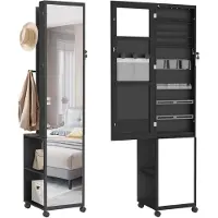 ACXIN Sieradenkast Met Spiegel Sieraden Opberger Make Up Kast Met LED Staand Met Wielen Spiegelkast - 170x40x36 cm - Zwart
