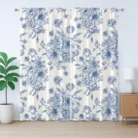 Abakuhaus Rustiek Gordijn met Windbloemmotief, Blauwe Bloemencorsage, Gordijn met Plooiing, Lussen en Haken , 280 x 175 cm, Nachtblauw Wit
