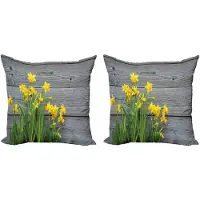 Abakuhaus Set van 2 gele bloemenkussenslopen, narcissenboeket, 45 cm, geelgrijs