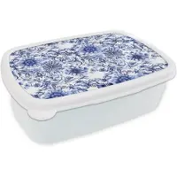 MuchoWow Broodtrommel Wit - Lunchbox Bloemen - Blauw - Patroon - Wit - Brooddoos 18x12x6 cm - Brood lunch box - Broodtrommels voor kinderen en volwassenen