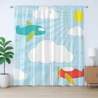 Abakuhaus Rustiek vliegtuiggordijn, retro kindercartoon, met lussen en haken voor de woonkamer, 280 x 260 cm, lichtblauw