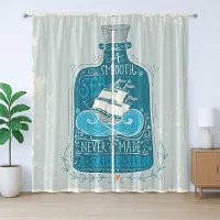 Abakuhaus maritiem rustiek gordijn, fles met schip en tekst, met lussen en haken voor de woonkamer, 280 x 225 cm, petrolblauw licht taupe