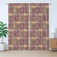 Abakuhaus Japanse rustieke gordijnen, antieke motieven, slaapkamergordijn met plooien, lussen en haken, 280 x 245 cm, rood, geel, groen