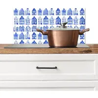 KitchenYeah Spatscherm keuken 60x30 cm - Kookplaat achterwand Patroon - Huizen - Blauw - Muurbeschermer - Spatwand fornuis - Hoogwaardig aluminium