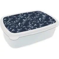 MuchoWow Broodtrommel Wit - Lunchbox Grafisch - Bloesemtak - Blauw - Brooddoos 18x12x6 cm - Brood lunch box - Broodtrommels voor kinderen en volwassenen