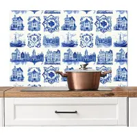 KitchenYeah Spatscherm keuken 100x65 cm - Kookplaat achterwand Huizen - Schepen - Blauw - Muurbeschermer - Spatwand fornuis - Hoogwaardig aluminium