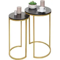 Mendler Set van 2 bijzettafels HWC-K46, geschikt als salontafel, nachtkastje of loungetafel, met een marmerlook afwerking, MDF, zwart-goud