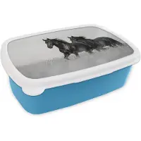 MuchoWow Broodtrommel Blauw - Lunchbox Paarden - Gras - Zwart - Wit - Brooddoos 18x12x6 cm - Brood lunch box - Broodtrommels voor kinderen en volwassenen