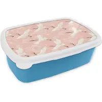 MuchoWow Broodtrommel Blauw - Lunchbox Kraanvogels - Bloesem - Roze - Brooddoos 18x12x6 cm - Brood lunch box - Broodtrommels voor kinderen en volwassenen