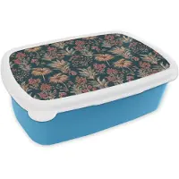 MuchoWow Broodtrommel Blauw - Lunchbox Botanisch - Patroon - Blauw - Brooddoos 18x12x6 cm - Brood lunch box - Broodtrommels voor kinderen en volwassenen
