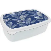 MuchoWow Broodtrommel Wit - Lunchbox Blad - Palm - Blauw - Brooddoos 18x12x6 cm - Brood lunch box - Broodtrommels voor kinderen en volwassenen