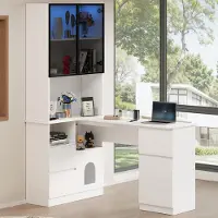 OKWISH Hoekbureau Met Kast En Led-Vitrinekast - 3 Lades 2 Deuren - Kabeldoorvoer - MDF Wit - 120x80x180 Cm
