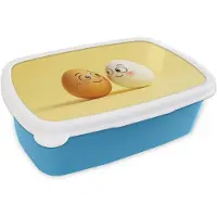 MuchoWow Broodtrommel Blauw - Lunchbox Eieren - Gezichten - Geel - Liefdevol - Brooddoos 18x12x6 cm - Brood lunch box - Broodtrommels voor kinderen en volwassenen