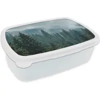 MuchoWow Broodtrommel Wit - Lunchbox Naaldwoud - Bergen - Mist - Brooddoos 18x12x6 cm - Brood lunch box - Broodtrommels voor kinderen en volwassenen