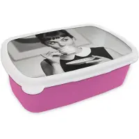 MuchoWow Broodtrommel Roze - Lunchbox Portret - Thee - Vrouw - Brooddoos 18x12x6 cm - Brood lunch box - Broodtrommels voor kinderen en volwassenen