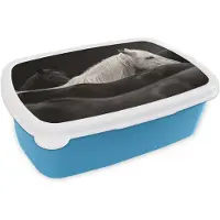 MuchoWow Broodtrommel Blauw - Lunchbox Paarden - Zwart - Wit - Kudde - Brooddoos 18x12x6 cm - Brood lunch box - Broodtrommels voor kinderen en volwassenen