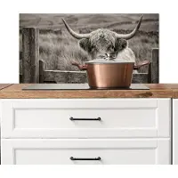 KitchenYeah Spatscherm keuken 80x40 cm - Kookplaat achterwand Schotse hooglander - Zwart - Wit - Hout - Muurbeschermer - Spatwand fornuis - Hoogwaardig aluminium
