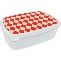 MuchoWow Broodtrommel Wit - Lunchbox Golvend patroon - Retro - Rood - Beige - Brooddoos 18x12x6 cm - Brood lunch box - Broodtrommels voor kinderen en volwassenen