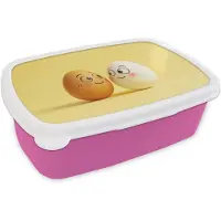 MuchoWow Broodtrommel Roze - Lunchbox Eieren - Gezichten - Geel - Liefdevol - Brooddoos 18x12x6 cm - Brood lunch box - Broodtrommels voor kinderen en volwassenen