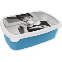 MuchoWow Broodtrommel Blauw - Lunchbox Portret - Thee - Vrouw - Brooddoos 18x12x6 cm - Brood lunch box - Broodtrommels voor kinderen en volwassenen