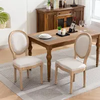 OKWISH Eetkamerstoel Set Van 2 - Frans Design Met Massief Houten Frame En Antiek Afwerking - Comfortabele Zit Met Schuim En Veren - Linnen - Beige