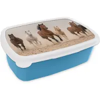 MuchoWow Broodtrommel Blauw - Lunchbox Kudde paarden - Stofwolk - Bruin - Zwart - Brooddoos 18x12x6 cm - Brood lunch box - Broodtrommels voor kinderen en volwassenen