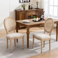 OKWISH Eetkamerstoel Set Van 2 - Rotan Rugleuning En Linnen Bekleding - Antiek Geverfd Massief Houten Frame - Voor Eetkamer - Beige