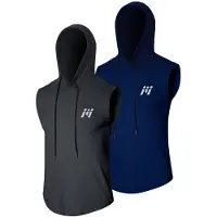 Meeteu Heren workout tanktops met capuchon (2-pack) mouwloze gym hoodies bodybuilding muscle cut-off T-shirt-Grijs/Blauw-XXL