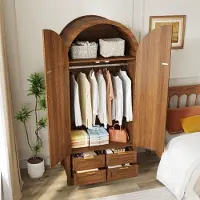 STILVORA Kledingkast - Gebogen Deuren Met Rattan - Ruime Kleerbeugel En Onderlade - Stevige Poten Voor Slaapkamer En Hal - MDF - 80x50x179 cm - Notenbruin