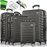 Tillvex reiskofferset 4-delig + bagageweegschaal, 8X kofferriemen & 4X kofferhangers | kofferset 4 wielen | trolley bagage koffer TSA-slot | set koffer met harde schaal S-M-L-XL, legergroen