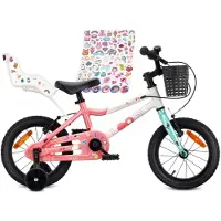 Sun baby Kindermotorfiets, 14 inch, voor meisjes, lichtgewicht aluminium, 7,2 kg, met poppenzitje, stabilisatorwielen, mandje, bel, V-rem, LOOFI-stickers, wit, roze, mintgroen