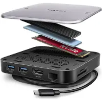 Axagon HMC-UFO USB-C hub met M.2 SATA/NVMe aansluiting, 1 Gbit/s Ethernet, 384 kHz audio, kabel, USB 3.2 Gen 2 (3.1 Gen 2) Type-C, 100 W, 3,5 mm, 1.4/2.2, 10/100/1000 Mbit/s