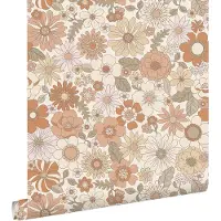 ESTAhome behang retro bloemen terracotta en lichtbeige - 53 cm x 10.05 m - 131247
