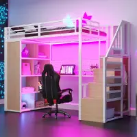 Merax Stapelbed 90 x 200 cm - met kledingkast en opbergruimte - met bureau en LED-verlichting - wit - zonder matras